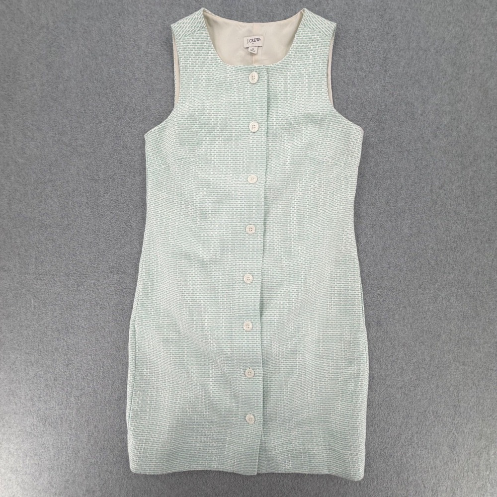 J.Crew Dress Womens 0 Green Tweed Button Front Sleeveless Mini Pockets C1227